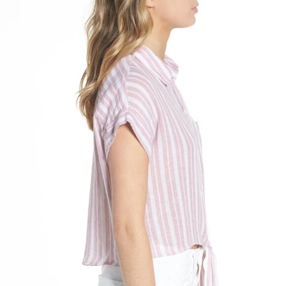 Rails Small Red, White Thea Linen Blend Stripe Short Sleeve Waist Tie T-Shirt - Picture 11 of 16